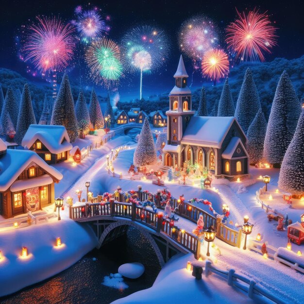 A quaint snowcovered village at night The scene features colorful fireworks from a celebration a