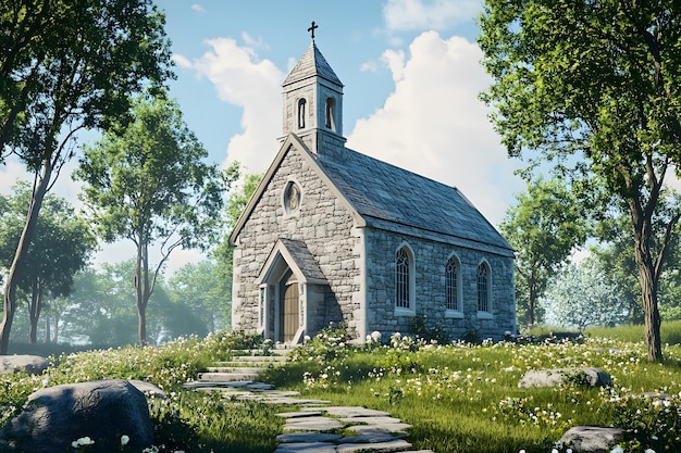 Photo a quaint stone church surrounded by lush greenery and flowers