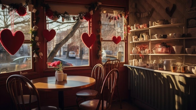 quaint Valentines Daythemed coffee shop adorned with heartshaped decorations