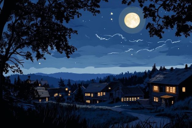 A quaint village nestled amongst the trees bathed in the glow of the moon and stars