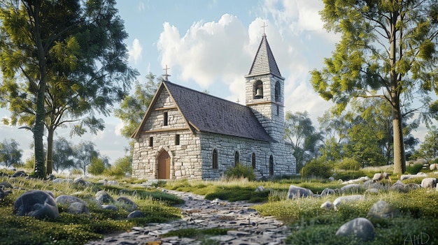 Quaint Village Setting Historic Stone Church Painting surrounded by Trees and Rocks