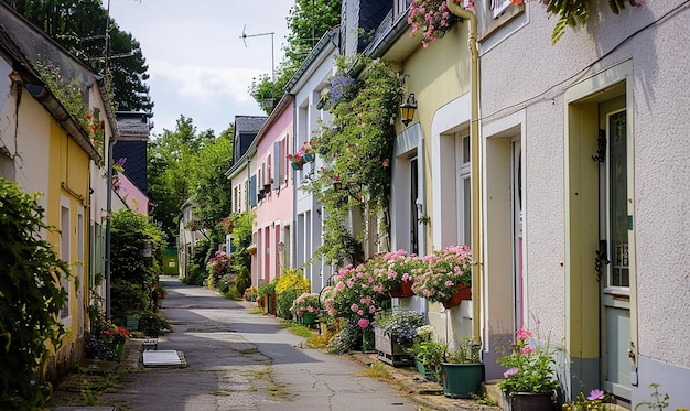 Quaint Village Street Lined with PastelColored Houses