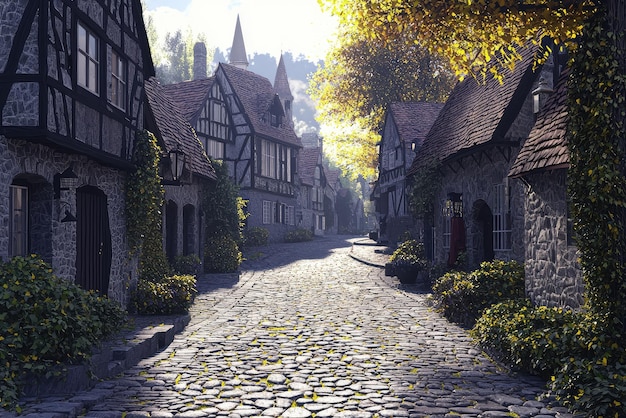 A quaint village with cobblestone streets and charming houses evokes peaceful atmosphere