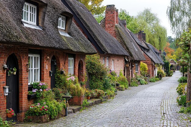 Quaint village with thatched roof cottages lined with vibrant flowers and cobblestone paths evokes charming and peaceful atmosphere