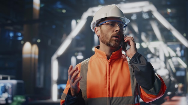 Qualified engineer talking cell phone giving instructions close up worker call