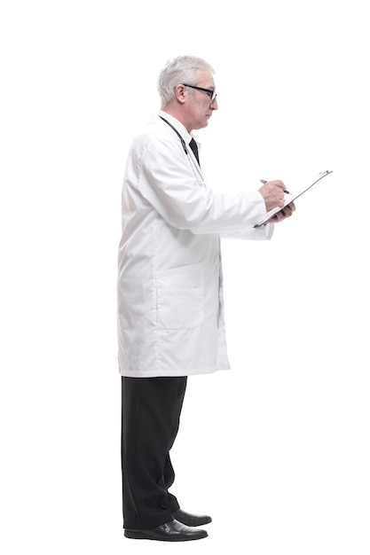 Qualified mature doctor with clipboard isolated on a white