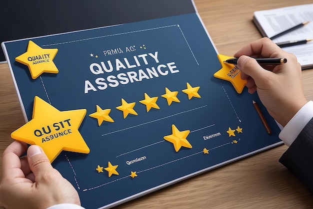 Photo quality assurance concept business people show high quality assurance mark good service