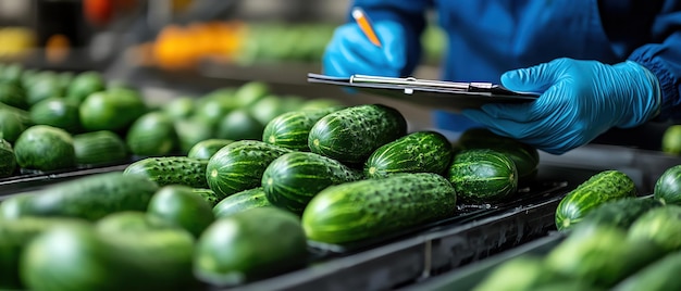 Photo quality control checks cucumbers on a production line clipboard in hand