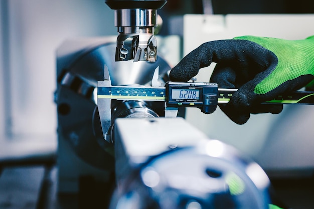 Quality control manufacturingHands of an engineer measures a metal part with a digital vernier caliper