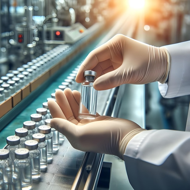 Photo quality control specialist inspecting vaccine vials in a pharmaceutical manufacturing facility