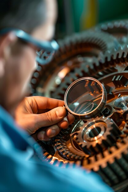 Photo quality control technician inspecting gear system with magnifying glass in welllit workshop