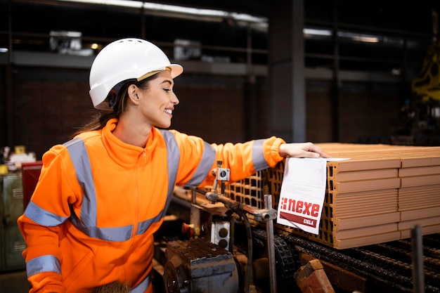 Quality control worker at production line checking controlling bricks in manufacturing factory