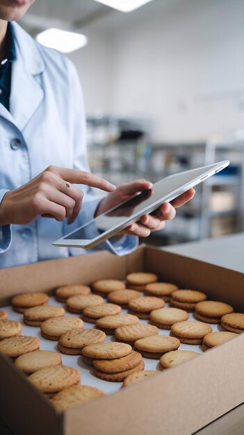 Photo a quality controller with tablet checking on cookies in the box