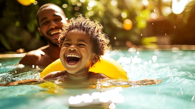 Quality Family Time Father and Son Splashing in Pool