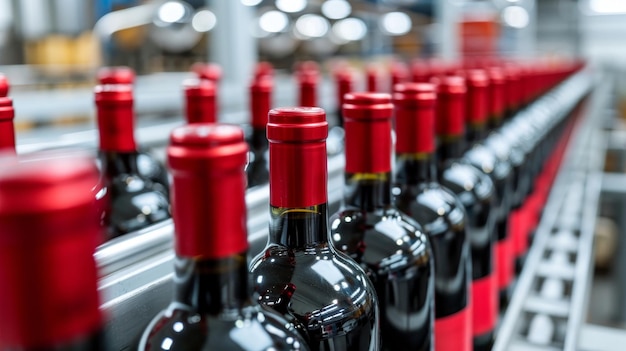 Quality red wine bottles in immaculate factory setting with close up on bottling line