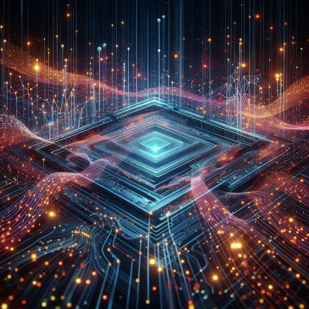 Quantum computing data stream with blockchain matrix and neural network connections in 3D