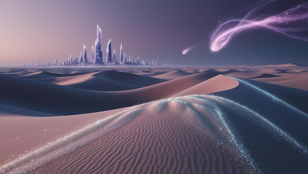 Quantum Desert Mirage Surreal Shifting Sand Dunes Futuristic Cityscape