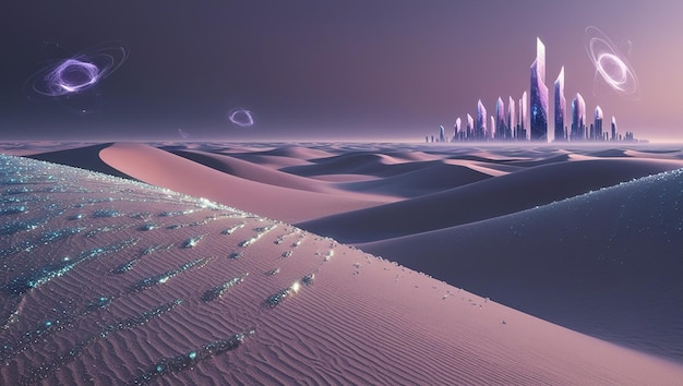 Quantum Desert Mirage Surreal Shifting Sand Dunes Futuristic Cityscape