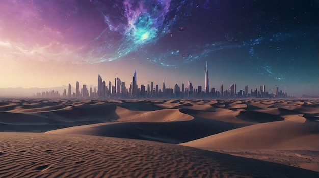 Quantum Desert Mirage Surreal Shifting Sand Dunes Futuristic Cityscape