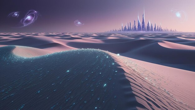 Photo quantum desert mirage surreal shifting sand dunes futuristic cityscape