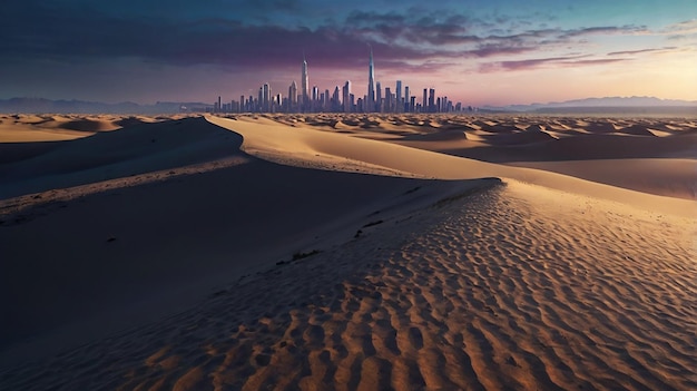 Quantum Desert Mirage Surreal Shifting Sand Dunes Futuristic Cityscape