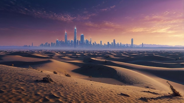 Quantum Desert Mirage Surreal Shifting Sand Dunes Futuristic Cityscape