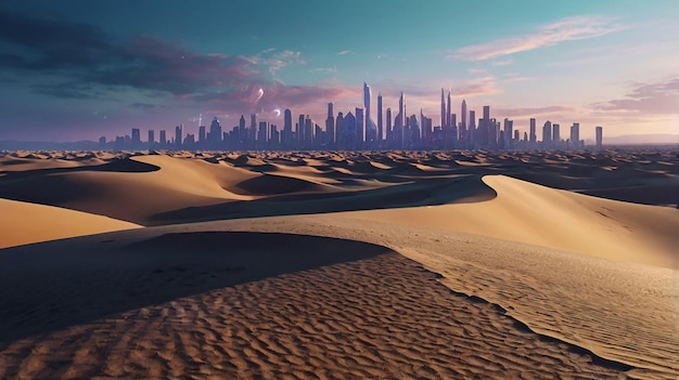 Quantum Desert Mirage Surreal Shifting Sand Dunes Futuristic Cityscape