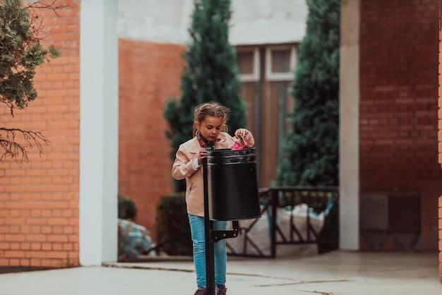 Quarantine is over concept Girl throwing away protective face mask to garbage trash can on background of blooming parkEnd of covid19 pandemicfreedomvictorywin Selective focus High quality photo