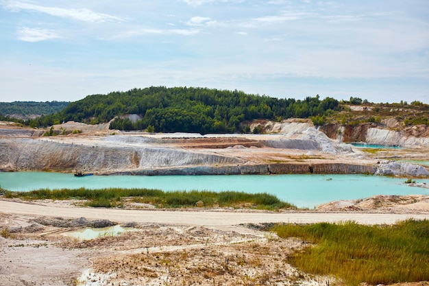 Quarry extraction porcelain clay kaolin with turquoise water