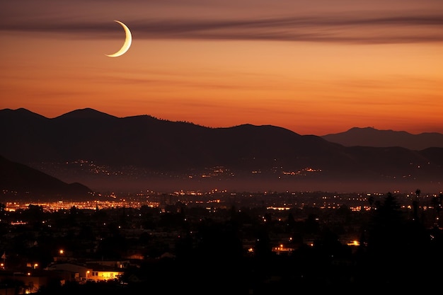 Quarter moon rising over an urban skyline