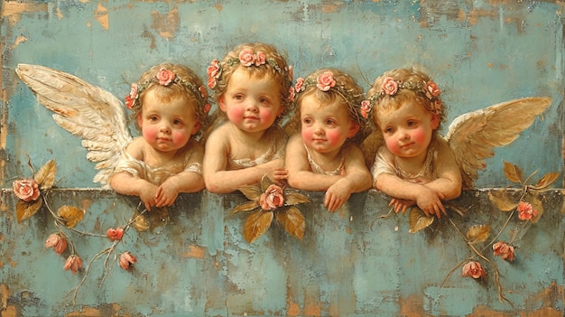 Photo quartet of angels with floral headpieces set against a vintage blue background illustration in the style of oil painting ideal for spiritual spaces greeting cards or as classical art reproduction