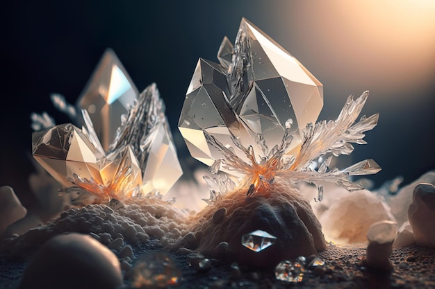 Quartz crystal cluster stone light environment with many cristals generative ai