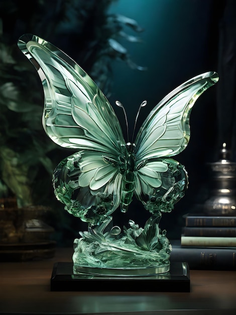 Quartz glass sculpture of a green butterfly