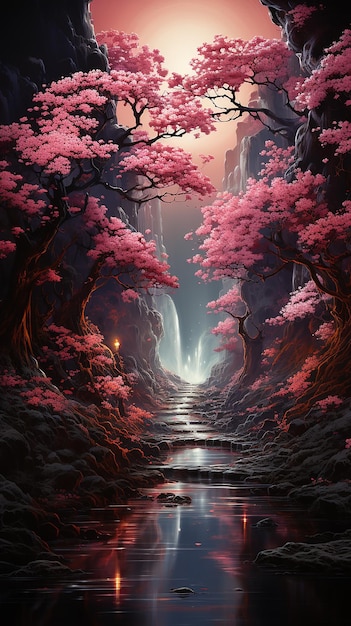 a quasar forms at the end of a long tunnel liminal space hyperrealistic SAKURA FLOWERS