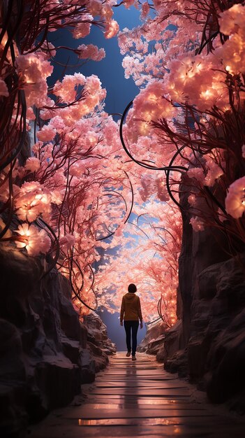 a quasar forms at the end of a long tunnel liminal space hyperrealistic SAKURA FLOWERS