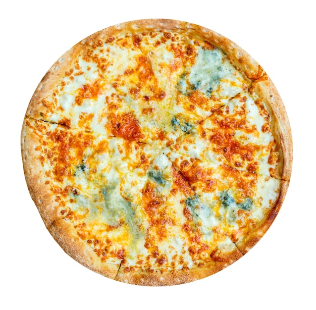 Quattro formaggi italian pizza with four sorts of cheese isolated on white background. Mozzarella, blue cheese, chedder, parmesan. Top view.