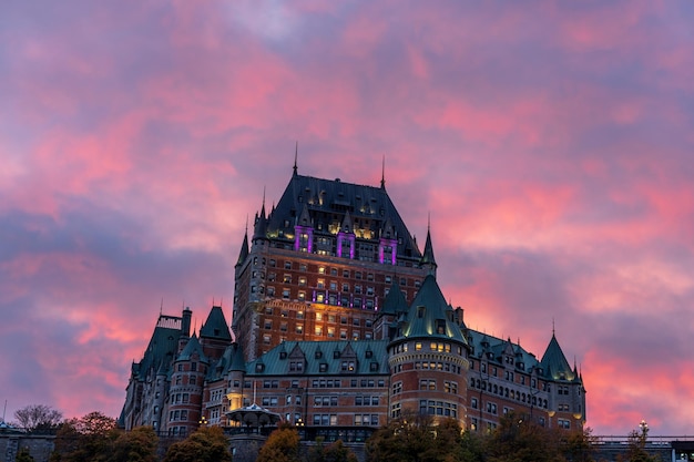 Quebec City Old Town in autumn dusk stunning pink and yellow clouds over the sky in the evening