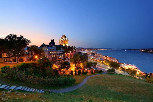 Quebec City skyline with Chateau Frontenac at dusk viewed from hill