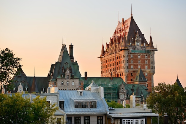 Quebec City skyline with Chateau Frontenac at sunset viewed from hill