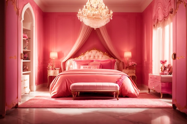 Queen Barbie bedroom with bed in the center