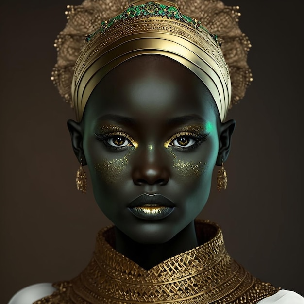 Queen golden clothes half golden mask in face black afro woman