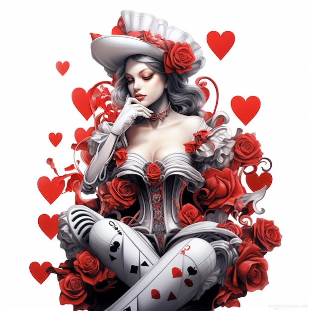 queen of hearts in black white and red realistic looking sitting on a lot of hearts and roses