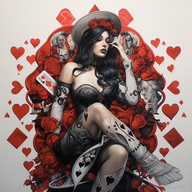 queen of hearts in black white and red realistic looking sitting on a lot of hearts and roses