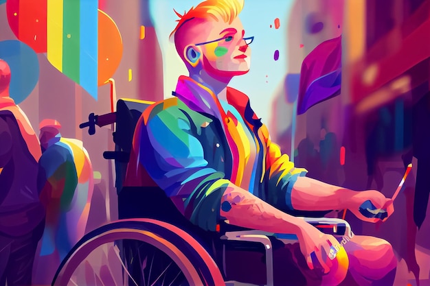 Queer and disabled homosexual in rnbowcolours in wheelchr at gay pride