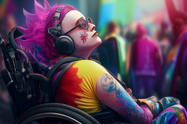 Queer and disabled homosexual in rnbowcolours in wheelchr at gay pride