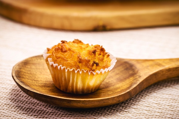 Queijadinha or queijada sweet baked dessert from a traditional bakery and pastry shop from Brazil and Portugal made with eggs cheese or coconut and lots of sugar