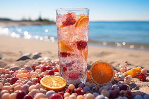 Photo quenching summer thirst vibrant fruity drinks on ice a refreshing blend of citrus tropical flavors and coolness for a perfect summer chillout deliciously tempting and visually appealing