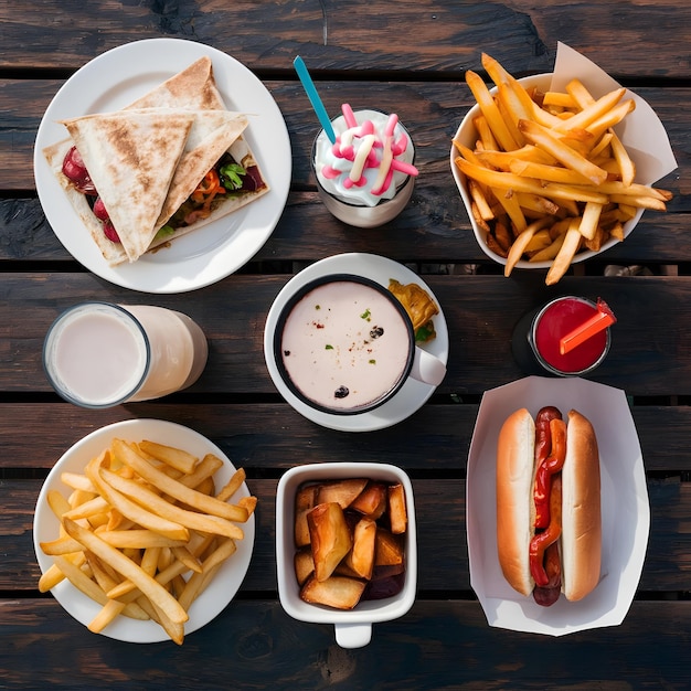 Quesadilla Milkshake Burger Pizza Fries Hot Dog wooden table on top view