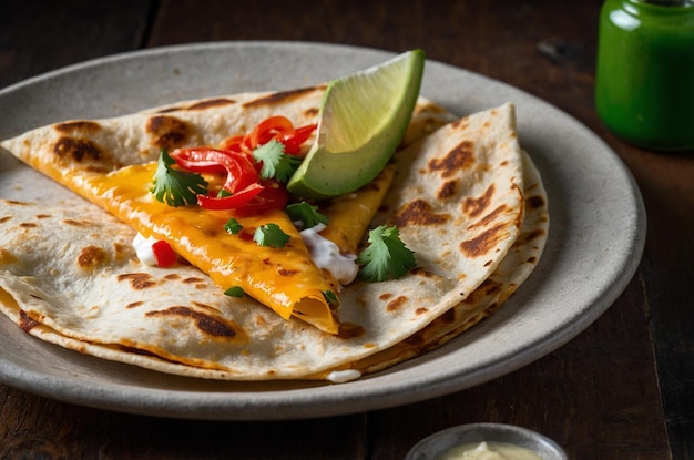 Photo quesadilla with crispy tortilla cheese and a touch of hot sauce