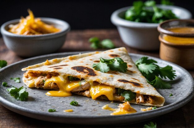 Photo quesadilla with gooey cheese chicken and a touch of heat